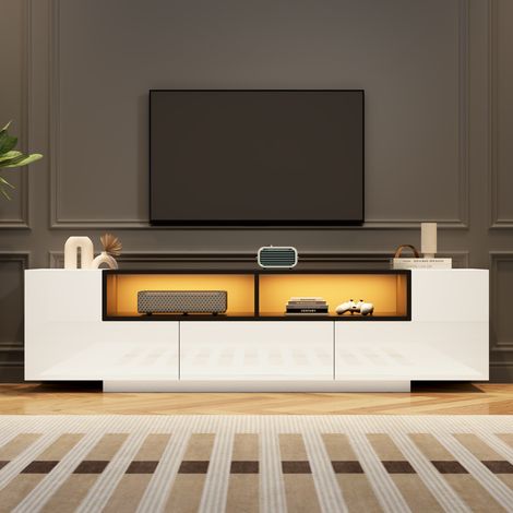 Meuble TV sur pied 1804048 cm, meuble bas avec éclairage LED, meuble TV en forme de L avec tiroirs, meuble de salon, support TV, meuble TV blanc brillant, adapté aux téléviseurs 75 pouces, blanc+noir (1/5)