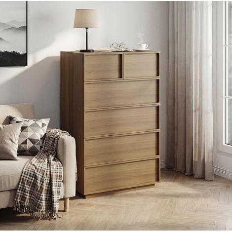 Commode à 6 tiroirs, finition chêne, meuble de rangement 80 x 48 x 127 cm (1/5)