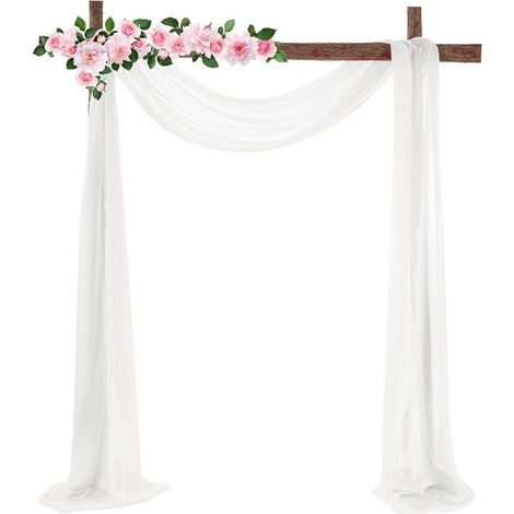 Fond photo en tulle blanc pour mariage et cérémonie, rideau décoratif extérieur 75 x 600 cm avec rubans (1/5)