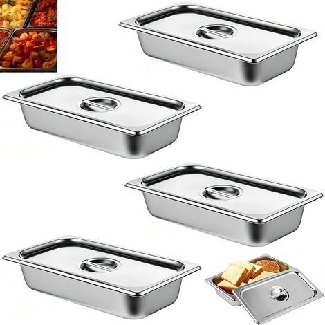 Lot de 4 Plat Inox avec Couvercle, GN 1/3 Bac Inox avec Couvercle, 32,5 x 17,5 x 6,5 cm Bac Inoxs Alimentaire, Bac Gastro Inoxs, Chafing Dishes (1/5)