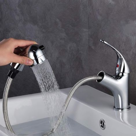 Robinet Salle de Bain avec Douchette Extractible et Deux Modes D’écoulement D'eau, pour Salle Bain Lavabo ou Lavabo, Chaude et Froide Réglable Mitigeur Lavabo,Chromé (1/4)