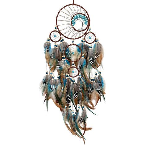 Serbia – Attrape-rêves en plumes bleues et brunes – Longueur 62 cm – Décoration murale ethnique pour chambre – Cadeau original