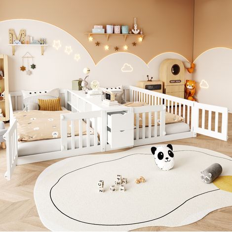 DESVIAE Lit enfant en bois 90 x 200 cm avec étagère centrale ouverte et deux tiroirs deux couchages séparés avec barrières de sécurité blanc