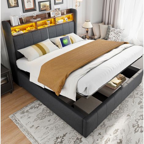 Cama 160x200 cm gris tapizada en lino con LED, USB y almacenaje hidraulico (1/5)