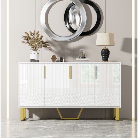 Buffet enfilade 4 portes blanc brillant, MDF, 140 x 40 x 80 cm DESVIAE (1/5)