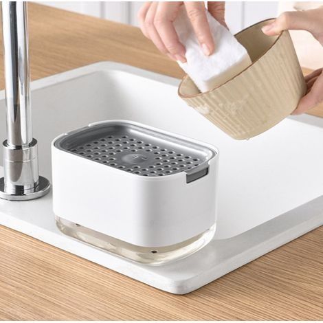 Distributeur de savon de cuisine, distributeur de savon et porte-éponge de qualité supérieure 2 en 1, distributeur de savon à vaisselle pour comptoir, Blanc (1/5)