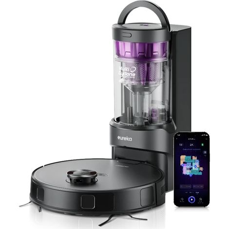 Eureka E20 Plus Aspirateur Robot avec Puissance d'Aspiration de 8000 Pa, Station de Vidage Automatique, Fonction Anti-Emmêlement, Évitement d'Obstacles 3D, Autonomie de 180 Minutes, DuoDetect IA, Noir (1/4)