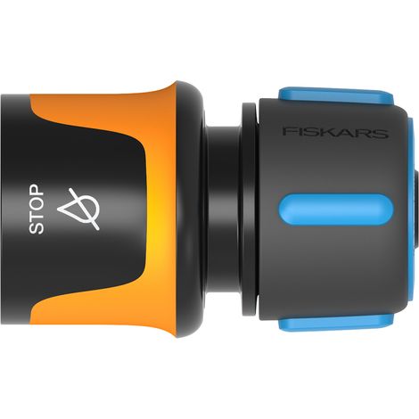 Fiskars Raccord de Tuyau, avec Mécanisme d'Arrêt, Points de contact SoftGrip, Taille universelle, Ø 1,3-1,5 cm (1/2-5/8''), 32 g, Noir/Orange/Bleu, 1027080 (1/4)