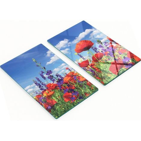 Juego de dos tablas de cocina decorativas de cristal con diseño de flores silvestres, 2x30x52 cm. (1/5)