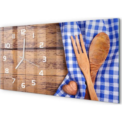 Horloge Murale Panoramique Artistique 60x30 cm Verre Trempé Design Original Couverts en bois (1/5)