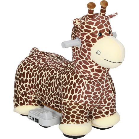 Cheval de montage girafe brun à piles 1,5-5 ans, housse lavable pédales roues silencieuses et fonction musique
