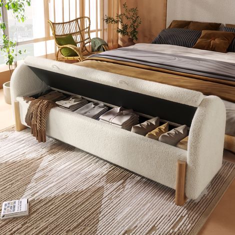 Banquette coffre 166x47x61 cm avec rangement hydraulique soft-close, tissu bouclé blanc et pieds en bois (1/5)