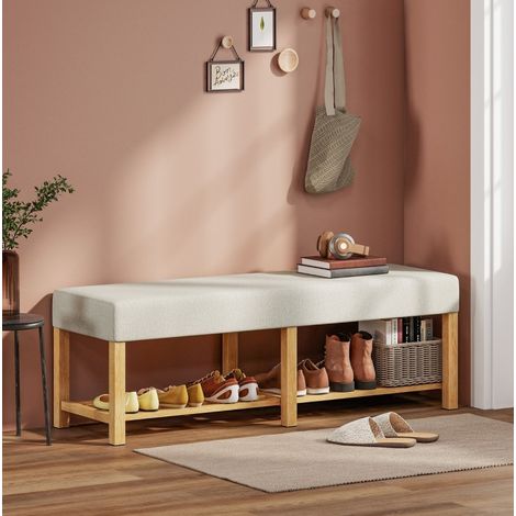 Banc à chaussures 140 cm en bois, blanc crème, avec rangement pour entrée, 2 places FloraGrace (1/5)