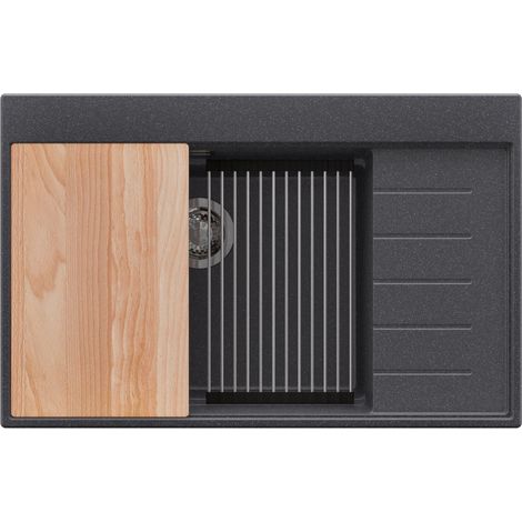 PRIMAGRAN Evier Cuisine en Granit 78x50cm,Lavabo 1 bac + Kit de Vidage + Accessoires, Évier à Encastrer au meuble 60cm - Sydney, Graphite