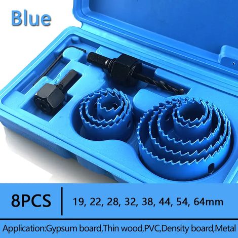 8PCS 19-64mm ensemble de scie cloche scie tasse bois couronne foret pour panneau de gypse bois PVC plastique densité panneau métal outils de travail du bois - Bleu (1/5)