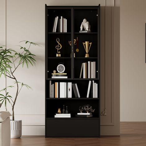 80x34x180cm Armoire vitrée haute avec éclairage LED, tiroir et ouvertures, meuble de rangement salon noir, étagère à portes vitrées