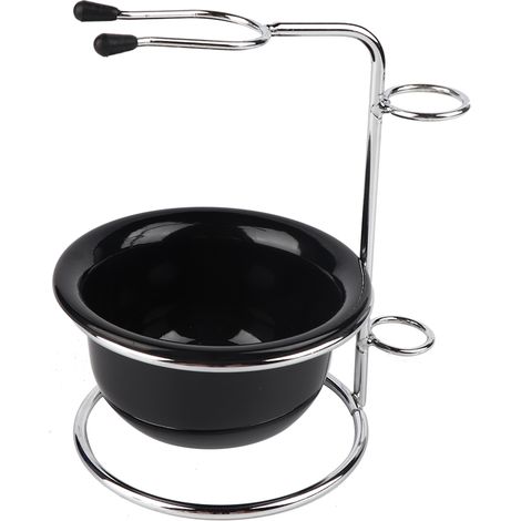 Support rasoir en acier inoxydable avec bol à mousse noir, porte-brosse et étui de rasage. (1/5)