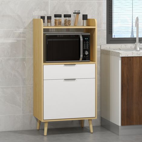 Küchenwagen für Mikrowelle mit Schrank, Schublade und verstellbarem Einlegeboden, 58 x 40 x 118 cm, natur und weiß