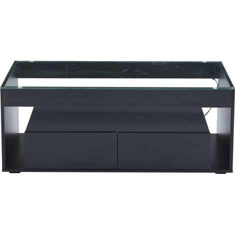 Mesa de centro moderna con LED, 2 cajones, cristal templado, 100 x 50 x 40 cm, negra, HOMVRA (1/5)