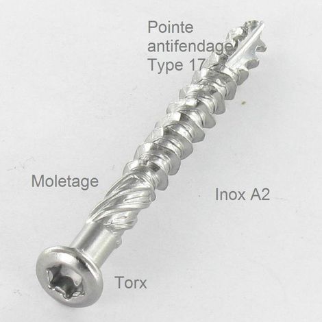 Vis terrasse TEKOR Tête fraisée Cranté TORX T20 4.5X60 Pointe antifendage type 17 Inox A2-10 pièces