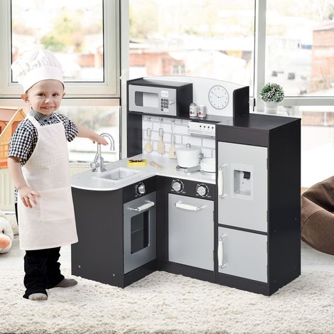 Cuisine jouet en bois pour enfants avec 14 accessoires - 86x64x84,5cm - évier et micro-ondes - âge 3+ ans - four - argenté et marron