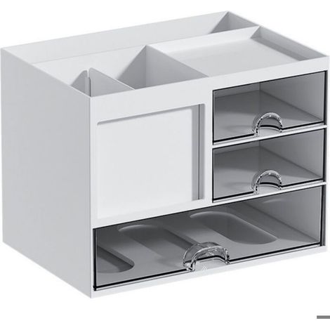 Boîte De Rangement Bureau - 3 Tiroirs - 8 Compartiments - Support Portable Et Bloc-Notes - 21 X 15,5 X 14,5 Cm - Blanc (1/5)
