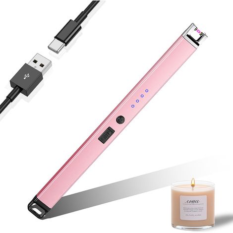 Briquet Electrique, USB Rechargeable Arc Briquet, Allume Bougie avec Affichage de Batterie LED avec Serrure de Sécurité pour Cuisine, Bougie, Barbecue, Cheminée (B-Rose) (1/5)