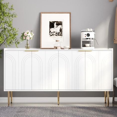 Buffet bas - KOMHTOM - 140x38x75 cm - Blanc - Pieds dorés - Étagères réglables (1/5)