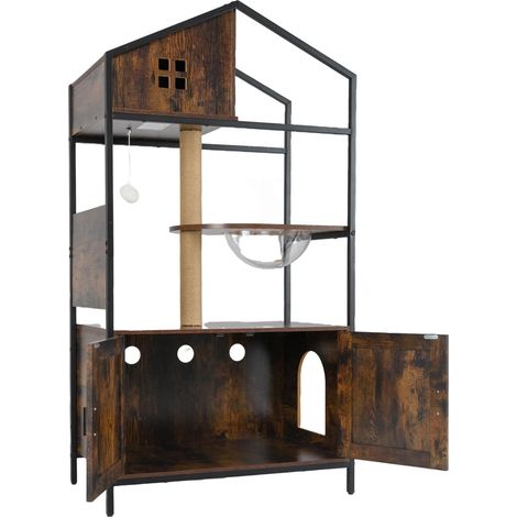 Goplus – Arbre à chat avec meuble litière – Structure métallique – Niche et capsule pour repos – Poteaux griffoir en sisal – Dimensions 80 x 48 x 150 cm