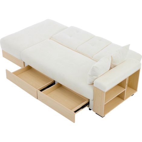 Sofá cama con almacenaje de chenilla beige 217 cm con respaldo regulable y 2 cajones (1/5)