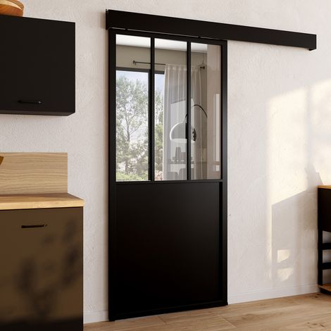 Kit de puerta corredera de cristal templado de 93 cm en metal + MDF con riel y fijaciones