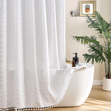 Cortina de ducha de tela tejida estilo rústico, texturizada, a rayas y con estampado de espiga, minimalista, para baño de hotel, 183 x 213 cm, blanca.