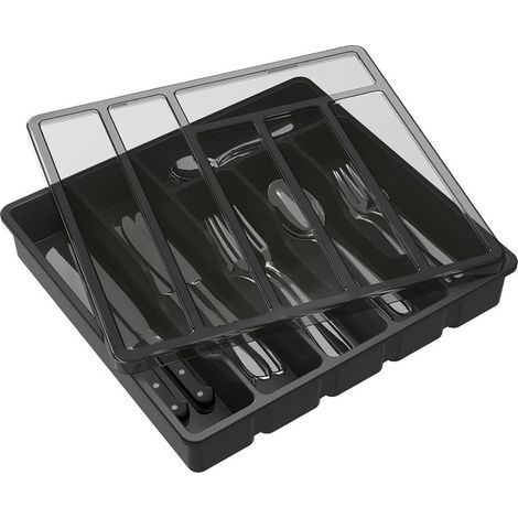 Plastic cutlery organizer for drawer – Storage box with transparent lid – 6 compartments – Dimensions 32x30x5.4 cm (1/5)