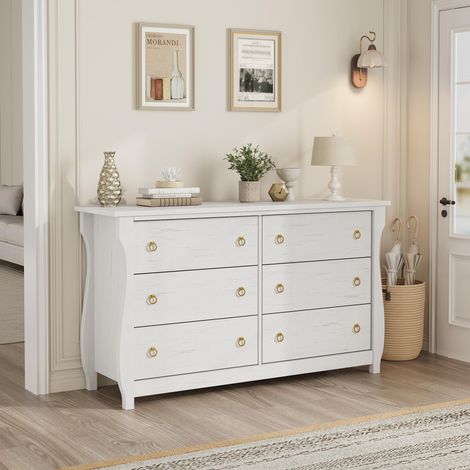 Commode moderne 6 tiroirs en bois - poignées anneau noires, chambre, entrée (1/5)