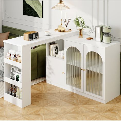 Bartisch MDF Weiß 120x40x97 cm, 360° drehbar, mit Glastür und Stauraum (1/5)