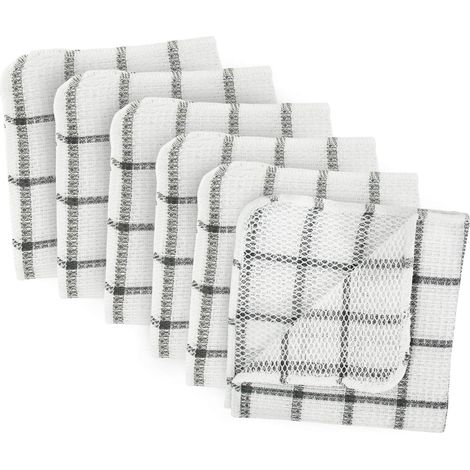 100% Coton, Lavable en Machine, au Quotidien de Cuisine Basic à récurer Dish Cloths, 30,5 x 30,5 cm Noir et Blanc Plaid-Set de 6 (1/5)