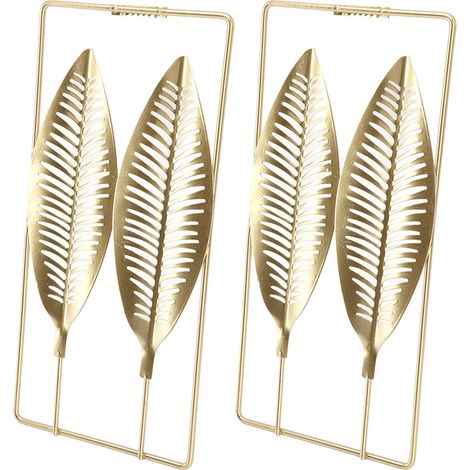 Lot de 2 décorations murales en fer doré feuilles scandinaves pour entrée, salon, canapé - modèle Plume de Paon doré (1/5)