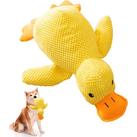 Juguete antiestrés para perros de peluche con forma de pato, amarillo, indestructible y chirriante, ideal para masticar perros pequeños, medianos y grandes (M)