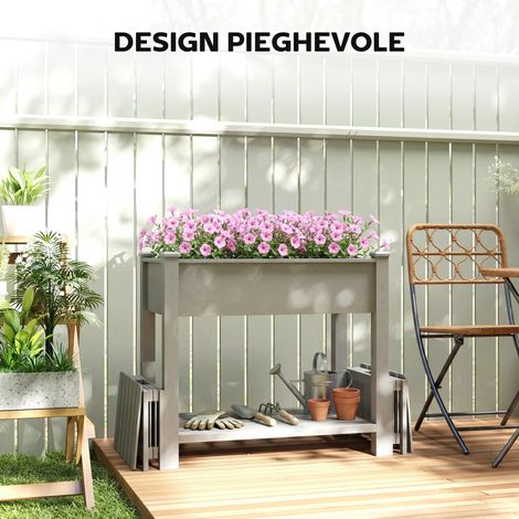 Jardinière en bois de sapin grise 149x46x76 cm, surélevée avec étagère à outils et 2 bacs latéraux. (1/5)