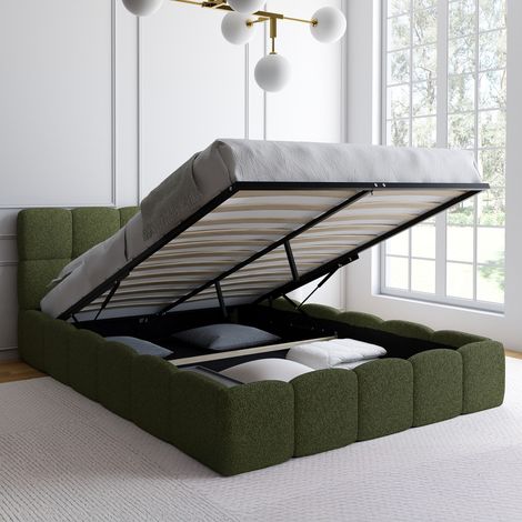 Cama doble NUAGE con cabecero acolchado y somier de 140 x 190 cm en tejido bouclette verde caqui (1/5)