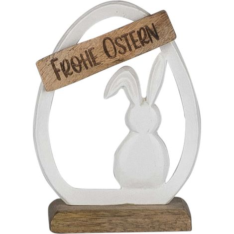GASPER Aluminium Hase im Ei "Frohe Ostern", auf Holzfuß weiß, klein