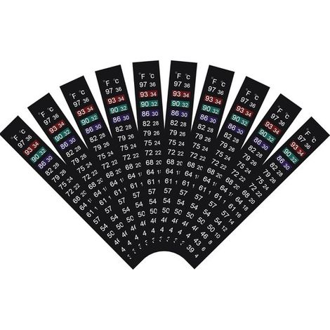 Tiras de temperatura para elaboración de cerveza, tiras de prueba de temperatura, rango de medición de 39 a 97℉/4 a 36℃ (10 tiras por paquete) (1/5)