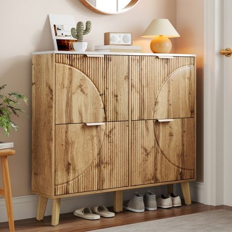 Meuble à chaussures 4 portes 105x24x95.5 cm - Aspect bois - Plateau effet marbre - Pieds en bois massif - MDF - Naturel