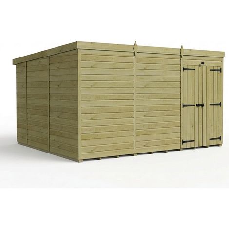 12ft x 10ft Pent Garden Shed Double Door No Windows - Pressure Treated Timber - L366 x W305 x H210 cm - Natural