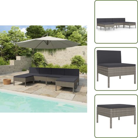 6-tlg. Garten-Lounge-Set mit Auflagen Poly Rattan Grau - Gartenloungesessel - Loungeset - Outdoormöbel - Gartenmöbel - Rattanmöbel (1/5)