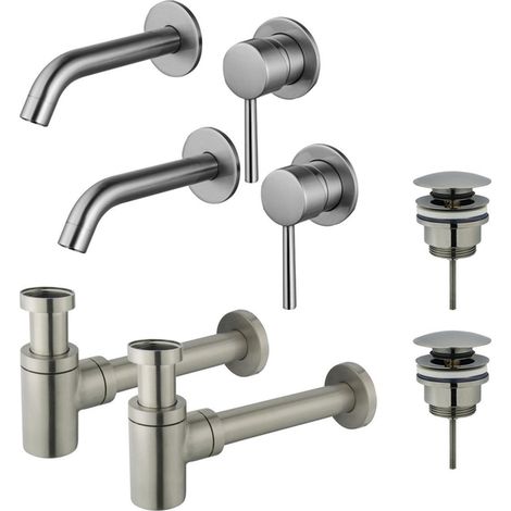 FugaFlow Eccelente Sobrado Slim Kit robinet lavabo - pour double vasque - robinet rehaussé - bonde clic clac - siphon design bas - PVD (1/4)