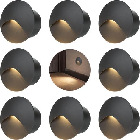 LED Spot Mural Encastré 3W, Lumière d'escalier 60mm, Blanc chaud Applique murale encastrée avec boîte, 230V eclairage mural alu IP44, pour l'intérieur et l'extérieur, noir（Paquet de 8）
