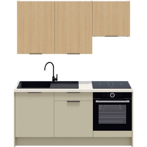 Ensemble de 6 meubles de cuisine - L. 185 cm - vert sauge et chêne clair cannelé - Luzia Mix (1/5)