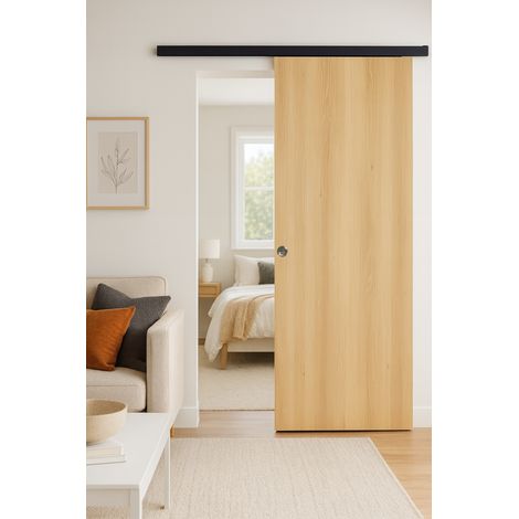 Porte Coulissante Décor Chêne Naturel Honey Oak  H204 X L93 Cm, Rail Alu Bandeau Noir, Coquilles Gd Menuiseries