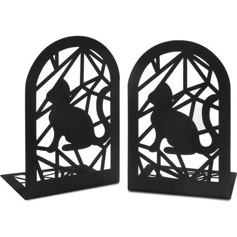 Juego de 2 sujetalibros con forma de gato en la ventana，de metal negro con recorte de vidriera，sujetalibros decorativos para amantes de los gatos (1/5)